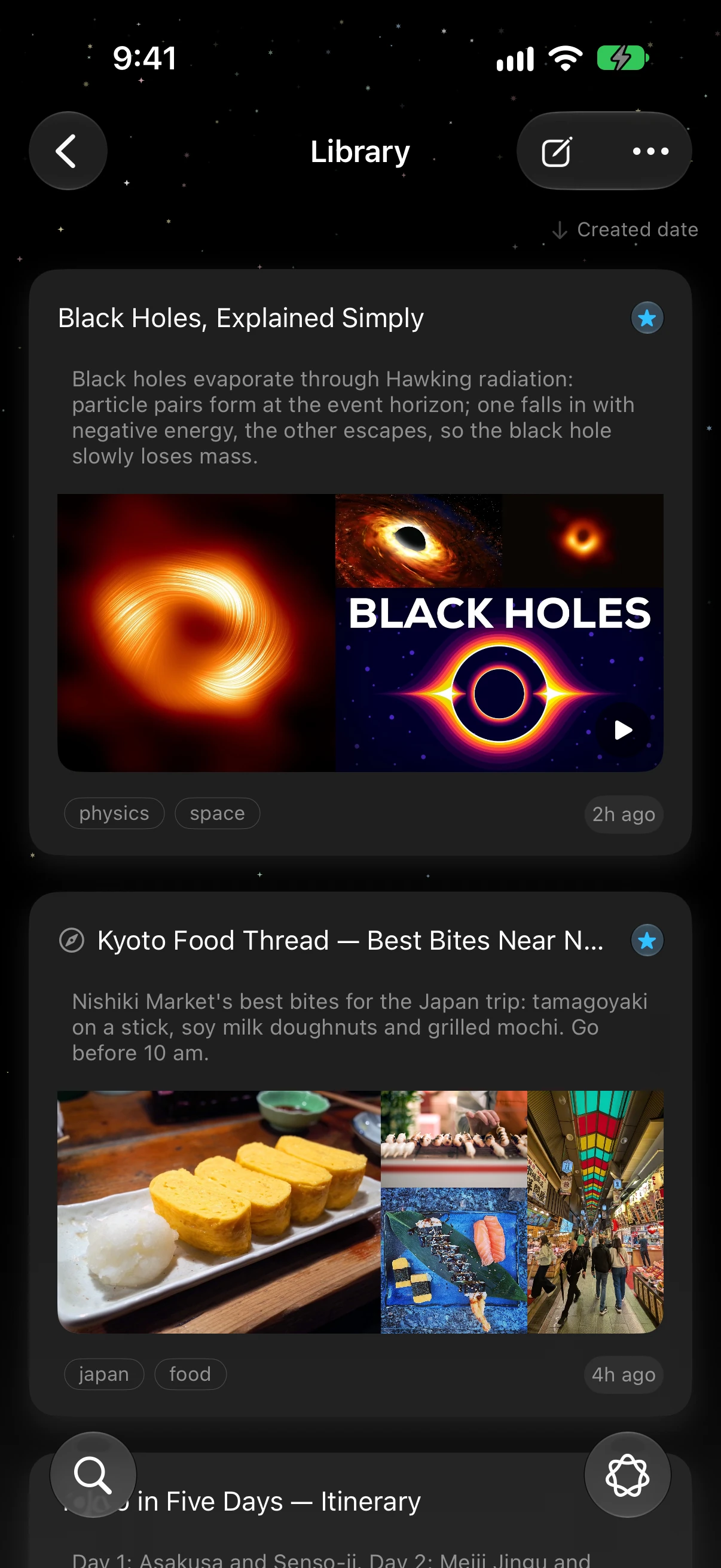 The library: titles and tags, none of them typed (dark)