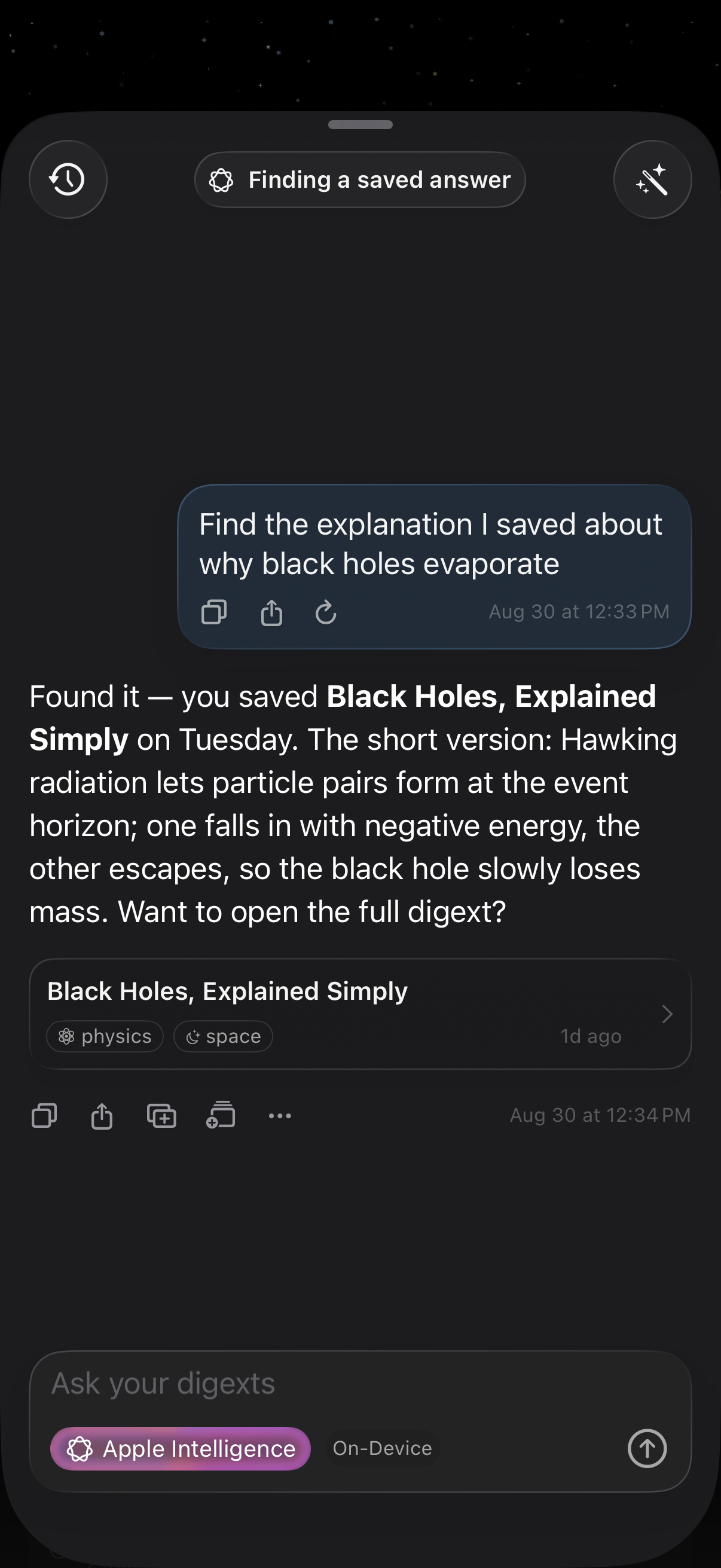 Digext chat finding a saved answer (dark)