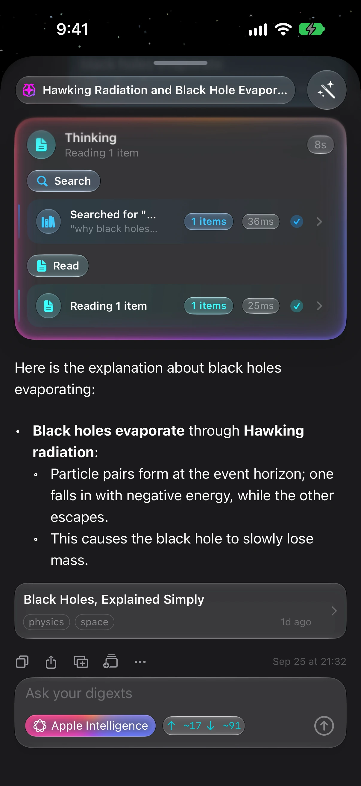 Digext chat finding a saved answer (dark)
