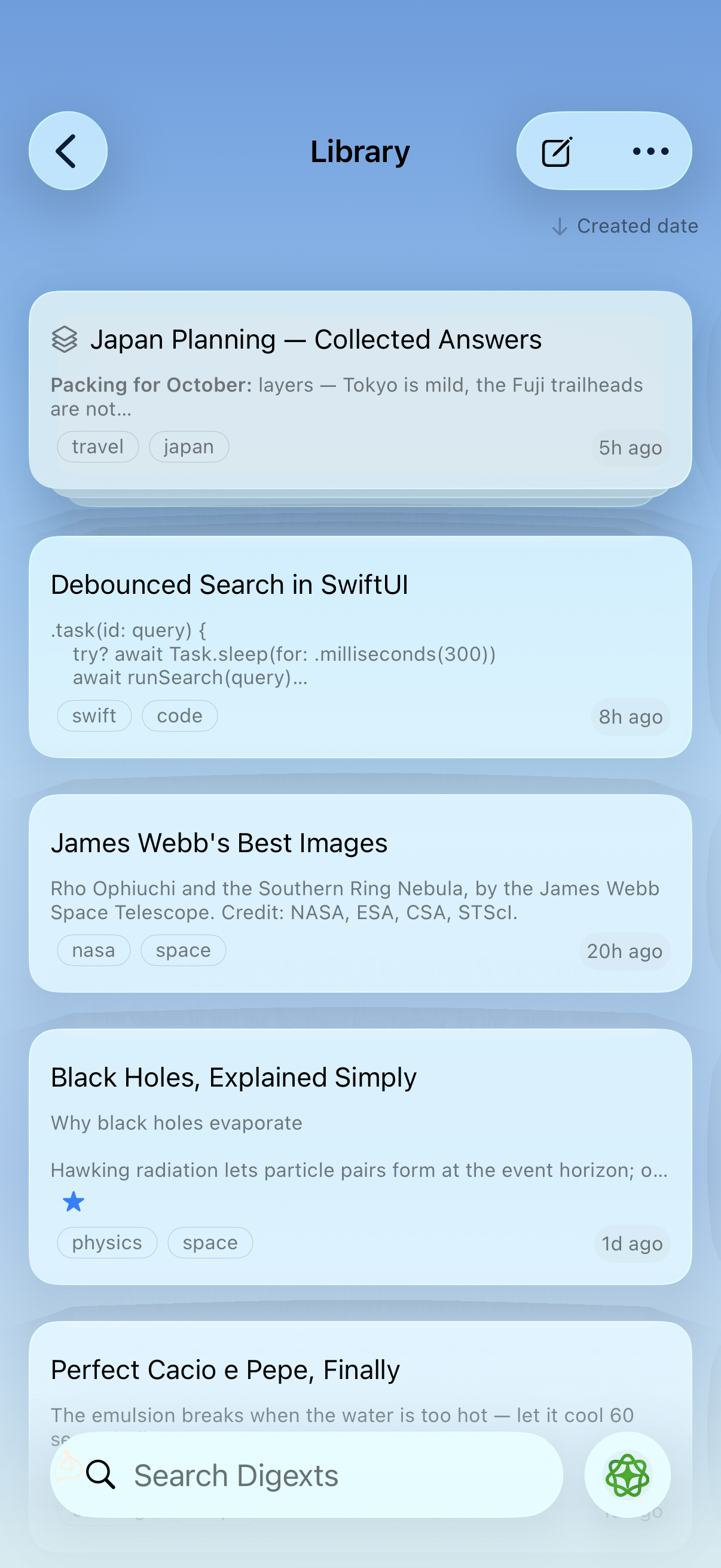 The library: titles and tags, none of them typed