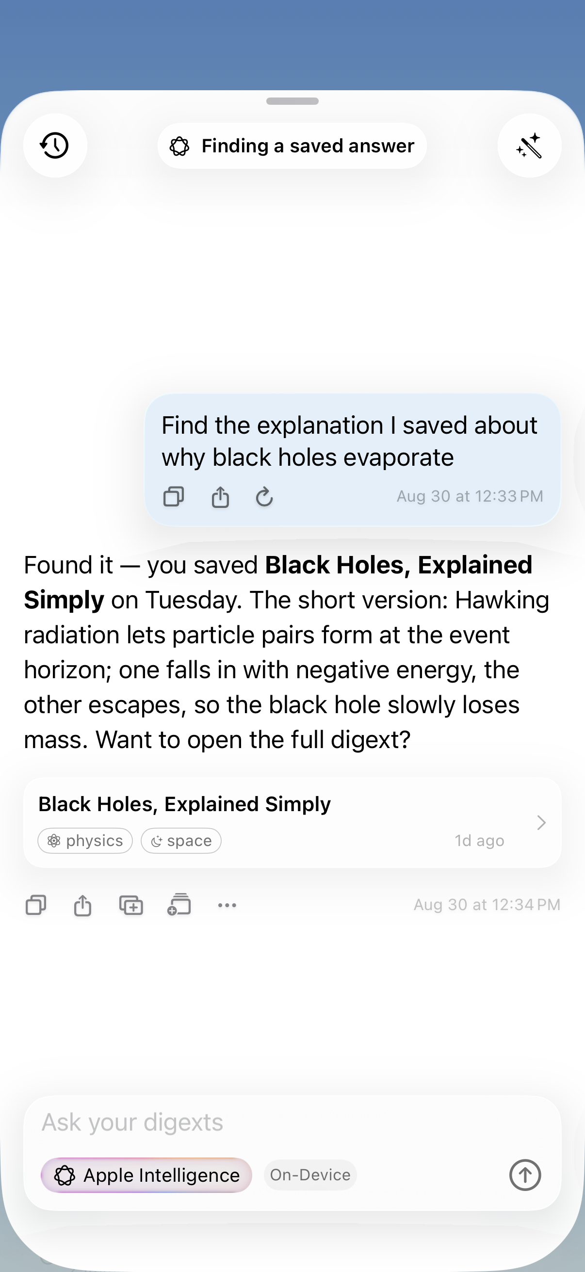 Digext chat finding a saved answer
